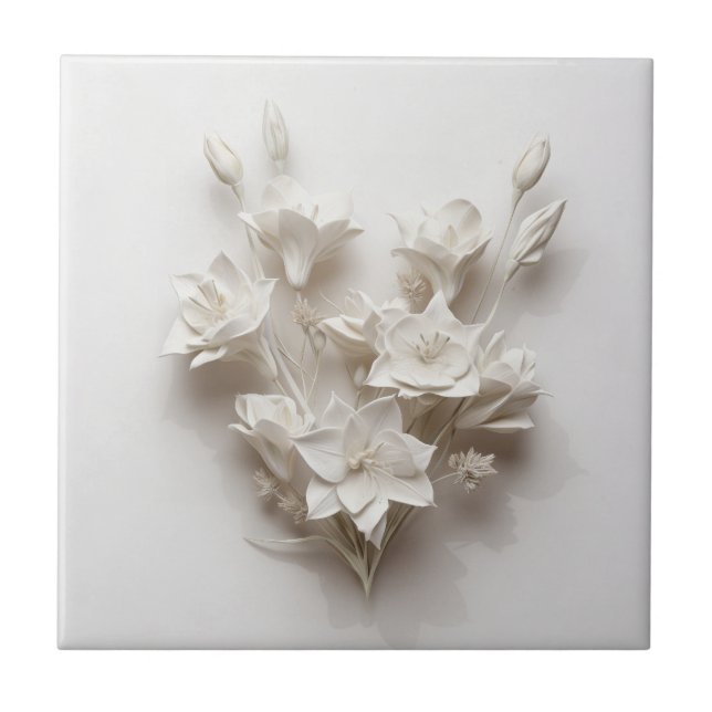 Elegant White Faux Relief Flowers Fliese (Vorderseite)