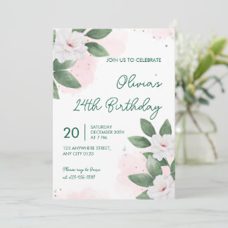 Elegant White Floral 24th Birthday Invitation Einladung