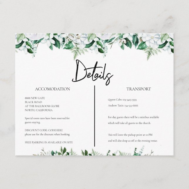 Elegant White Floral and Greenery Wedding Begleitkarte (Vorderseite)