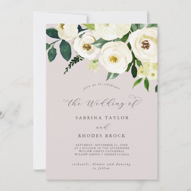 Elegant White Floral | Blush Mauve die Hochzeit vo Einladung (Vorderseite)