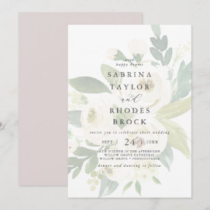 Elegant White Floral Blush Mauve verblasste Hoch Einladung