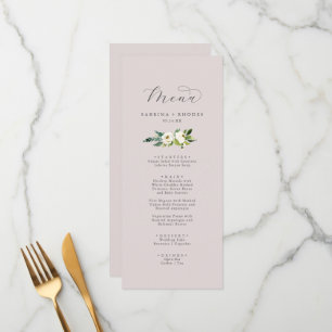 Elegant White Floral Blush Mauve Wedding Dinner Menükarte