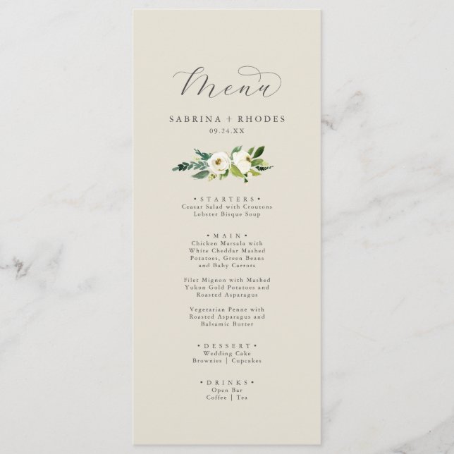 Elegant White Floral | Champagner-Hochzeitmenü Menükarte (Vorderseite)