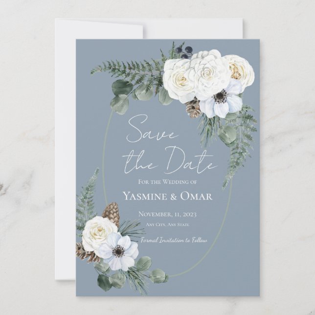 Elegant White Floral Dusty Blue Save the Date Einladung (Vorderseite)