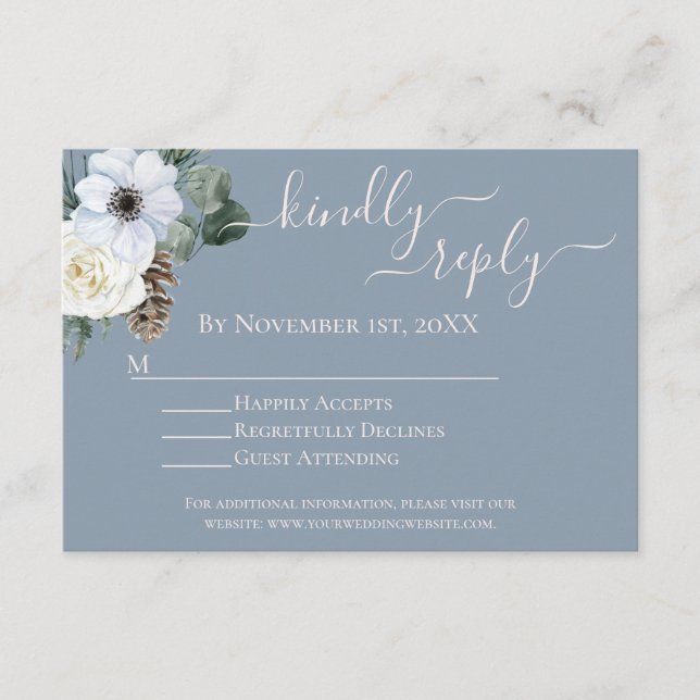 Elegant White Floral Dusty Blue UAWG Begleitkarte (Vorderseite)