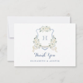 Elegant White Floral Dusty Blue Wedding Crest Dankeskarte