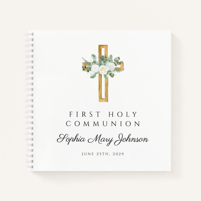 Elegant White Floral First Communion Guestbook Notizbuch (Vorderseite)