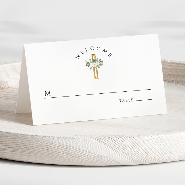 Elegant White Floral First Communion Platzkarte (Front - Elegant White Floral First Communion Place Card)