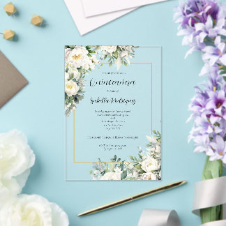 Elegant White Floral Gold Border Quinceñera Acryleinladungen