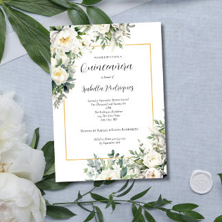 Elegant White Floral Gold Border Quinceñera Einladung