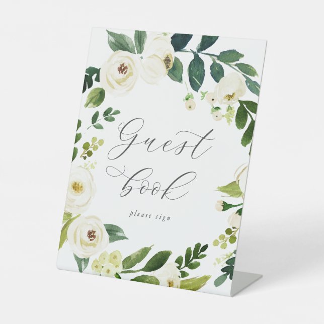 Elegant White Floral Guest Book Sign Sockelschild (Vorderseite)