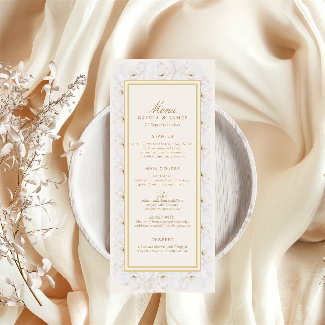 Elegant White Floral Ivory Gold Border Menu (Von Creator hochgeladen)