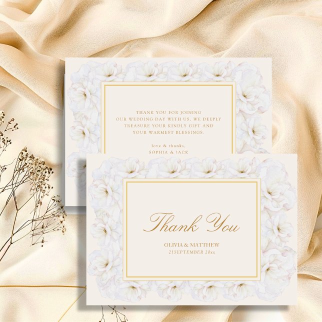 Elegant White Floral Ivory Gold Border Wedding Dankeskarte (Von Creator hochgeladen)