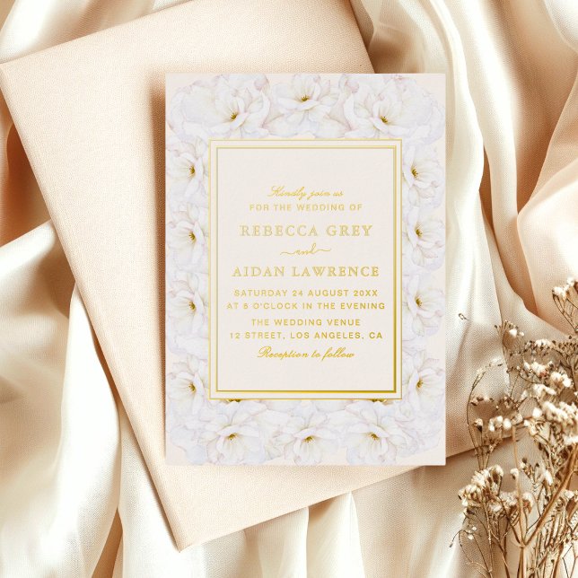 Elegant White Floral Ivory Gold Border Wedding Folieneinladung (Von Creator hochgeladen)