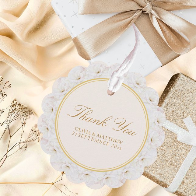 Elegant White Floral Ivory Gold Border Wedding Geschenkanhänger (Von Creator hochgeladen)