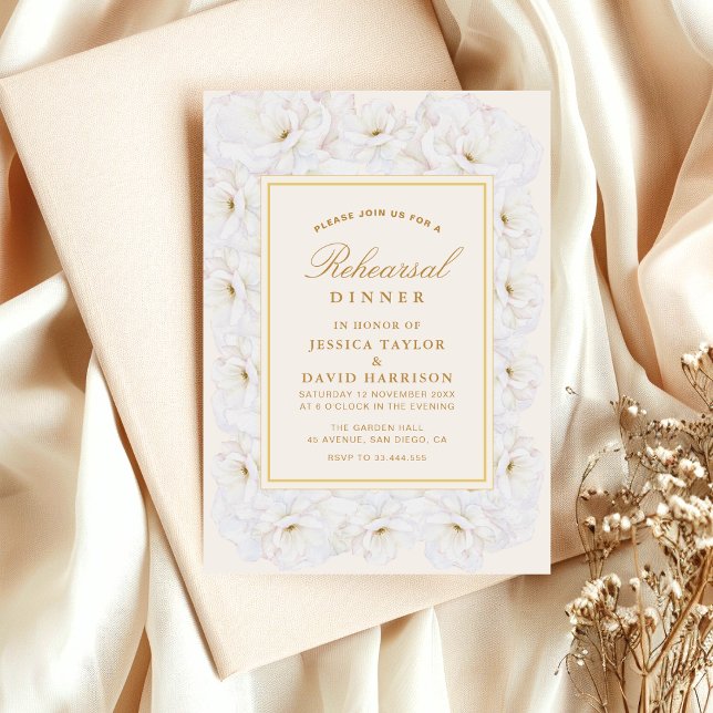Elegant White Floral Ivory Gold rehearsal dinner  Einladung (Von Creator hochgeladen)