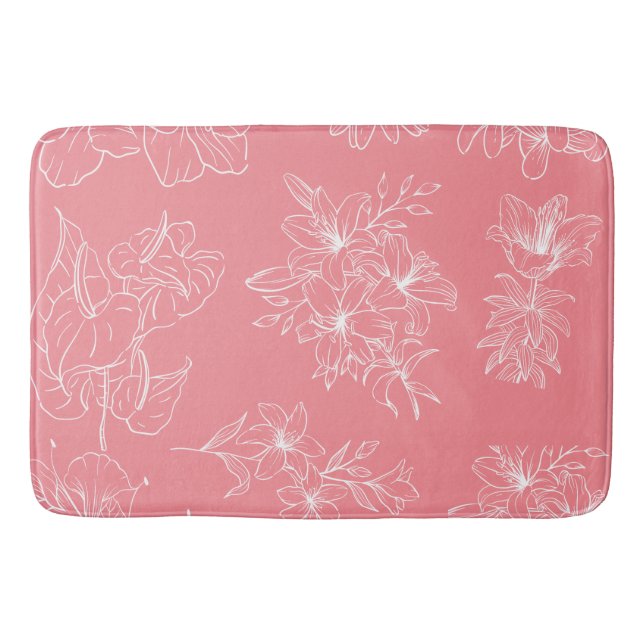 Elegant White Floral Line Art on Coral Pink – Mode Badematte (Vorderseite)