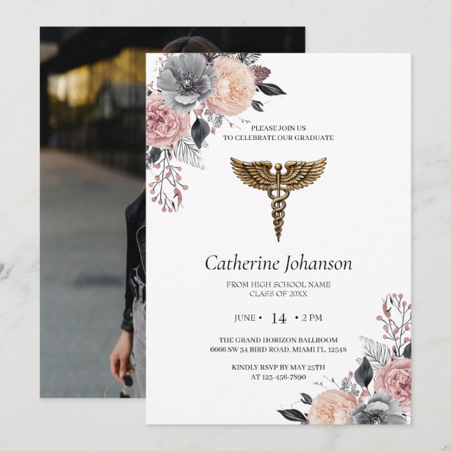 Elegant White Floral Nursing Graduation Invitation Einladung (Vorne/Hinten)
