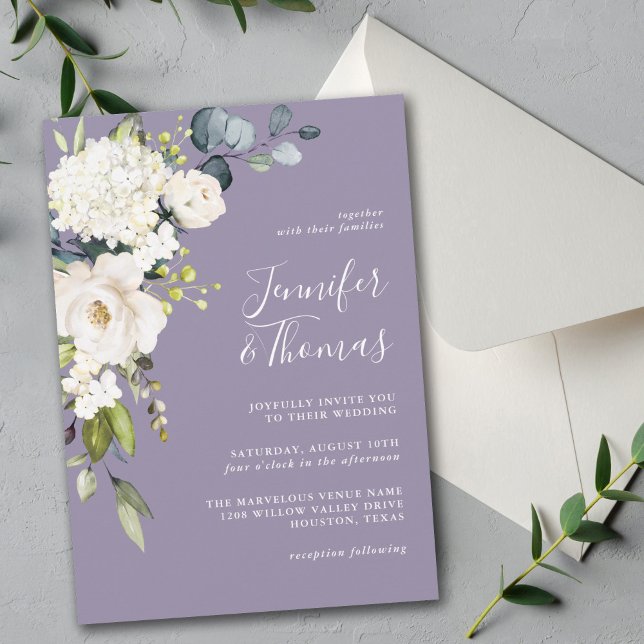 Elegant White Floral on Lavender Wedding Einladung (Von Creator hochgeladen)