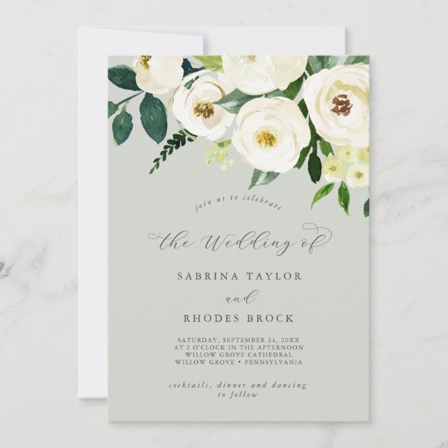 Elegant White Floral | Sage Mint die Hochzeit von Einladung (Vorderseite)