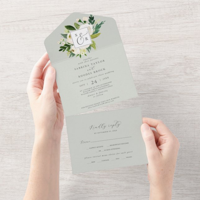 Elegant White Floral | Sage Mint Monogram Wedding All In One Einladung (Abreißen)