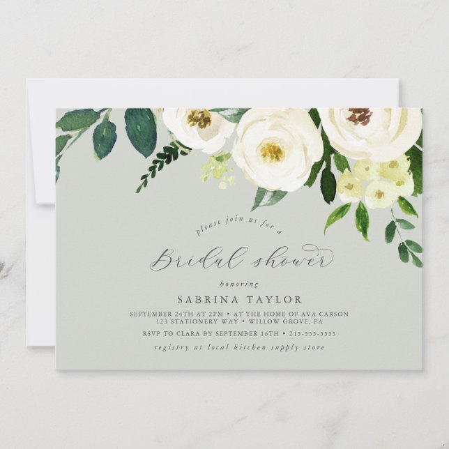 Elegant White Floral | Sage Minze Brautparty Einladung (Vorderseite)
