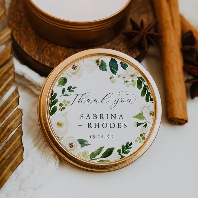 Elegant White Floral Vielen Dank Gastgeschenk Hoch Runder Aufkleber (Von Creator hochgeladen)