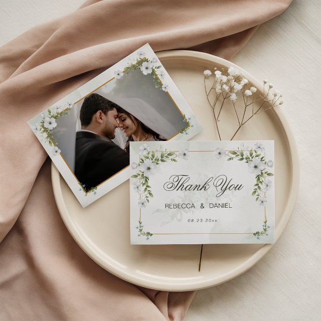 Elegant White Floral Wedding Photo Thank You Card Dankeskarte (Von Creator hochgeladen)