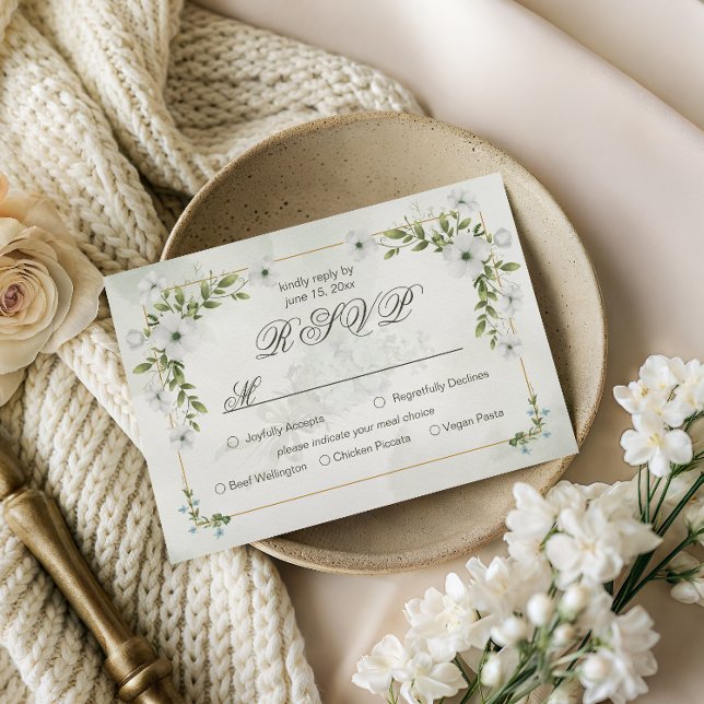 Elegant White Floral Wedding with Meal Choice RSVP Karte (Von Creator hochgeladen)