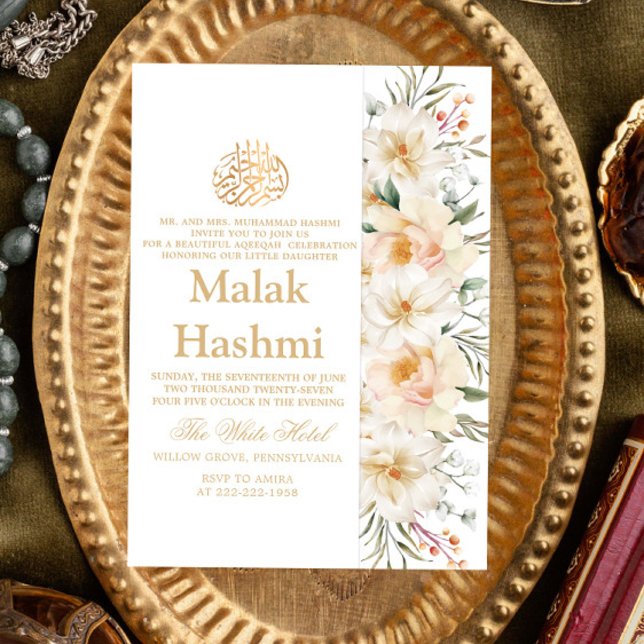 Elegant White Floral White Islamic Aqiqa Aqeeqa Einladung (Von Creator hochgeladen)