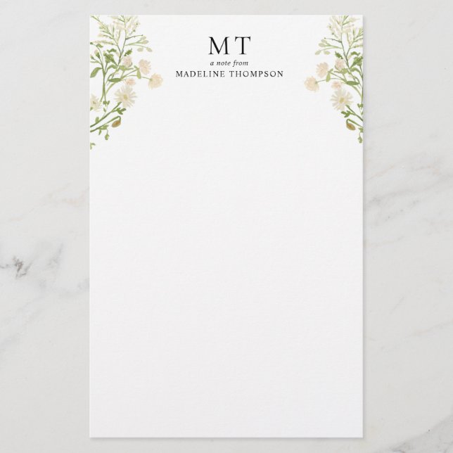Elegant White Floral Wildflower Classic Monogram Briefpapier (Vorderseite)