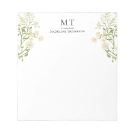 Elegant White Floral Wildflower Classic Monogram Notizblock