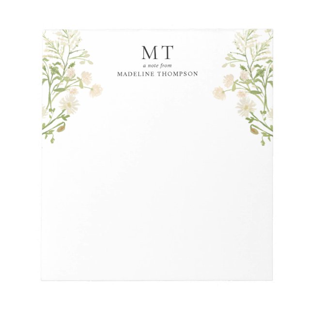 Elegant White Floral Wildflower Classic Monogram Notizblock (Vorderseite)