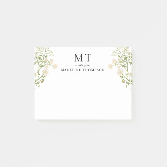 Elegant White Floral Wildflower Classic Monogram Post-it Klebezettel (Vorderseite)