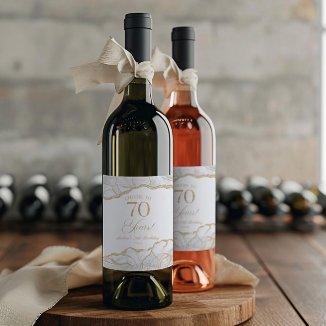 Elegant White Gold Agate 70th Birthday Party Weinetikett (Von Creator hochgeladen)