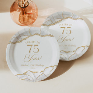 Elegant White Gold Agate 75. Geburtstagsparty Pappteller
