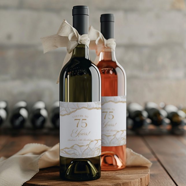 Elegant White Gold Agate 75th Birthday Party Weinetikett (Von Creator hochgeladen)