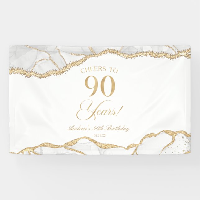Elegant White Gold Agate 90th Birthday Party Banner (Horizontal)