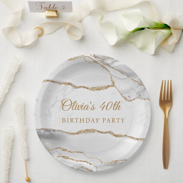 Elegant White & Gold Agate Birthday Party Pappteller (Hochzeit)