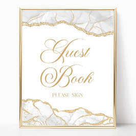 Elegant White Gold Agate Guest Book Sign Poster