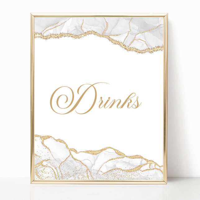 Elegant White Gold Agate Party Drinks Sign Poster (Von Creator hochgeladen)