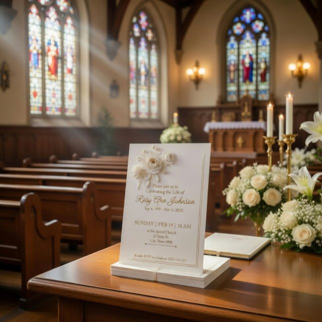 Elegant White & Gold Floral Memorial Invitation  Folieneinladung (Von Creator hochgeladen)