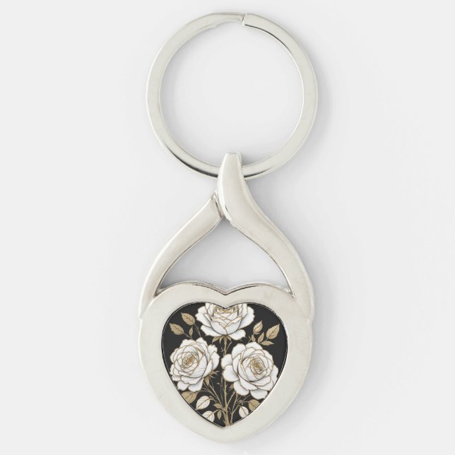 Elegant White & Gold Floral Rose heart key– Luxury Schlüsselanhänger (Vorderseite)