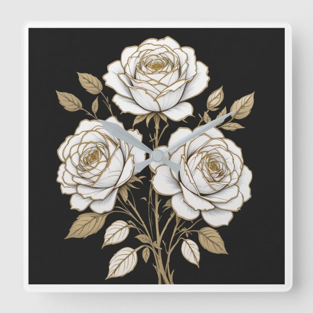 Elegant White & Gold Floral Rose Wall Clock  Quadratische Wanduhr (Vorderseite)