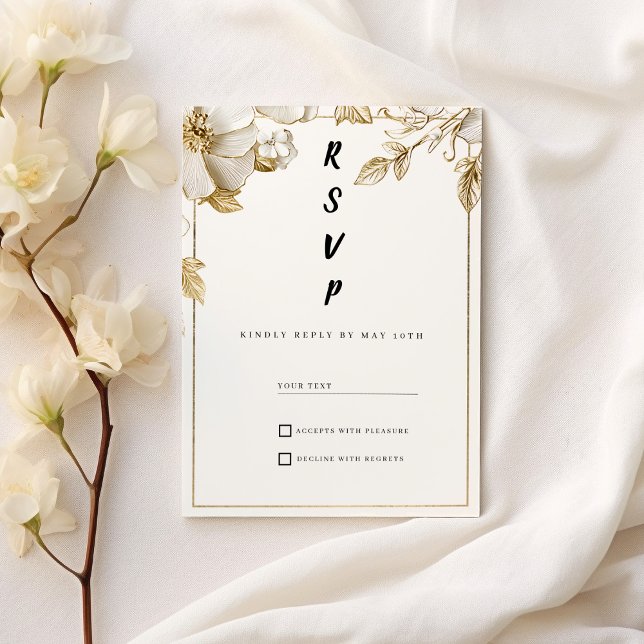 Elegant white gold flowers typography RSVP Einladung (Elegant white gold flowers typography RSVP )