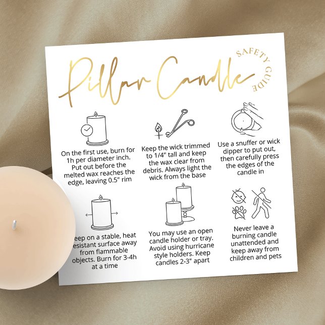 Elegant White & Gold Logo Pillar Candle Care Card Quadratische Visitenkarte (Elegant white and gold pillar candle care cards with icons and space for your logo)
