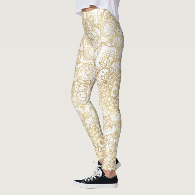 Elegant White Gold Mandala Floral Leggings (Links)