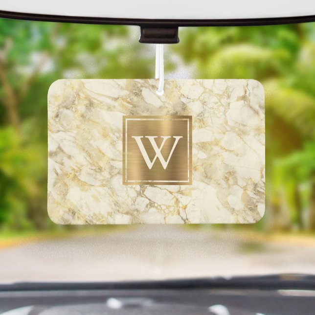 Elegant White Gold Marble Monogram Autolufterfrischer (Von Creator hochgeladen)