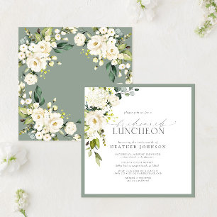 Elegant White Gray Green Floral Bridal Luncheon Einladung