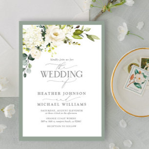 Elegant White Gray Green Floral Watercolor Wedding Einladung